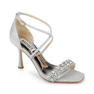 Badgley Mischka Womens Nala Glitter Strappy Heels US 8 Silver Satin NWOB